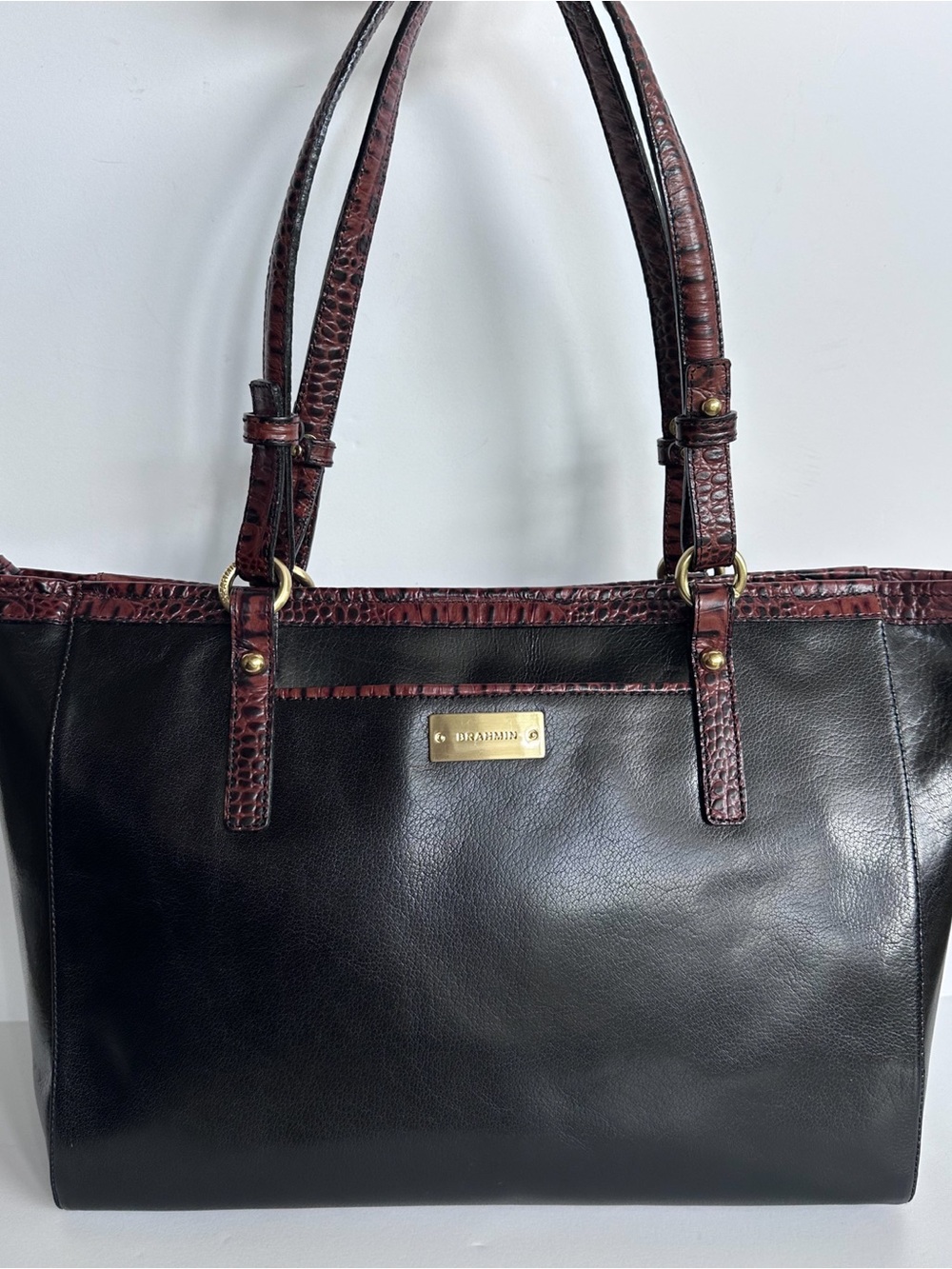 Brahmin Medium Arno Tote - Tuscan Black Leather with Brown Croc Trim | NWT - Picture 2 of 12